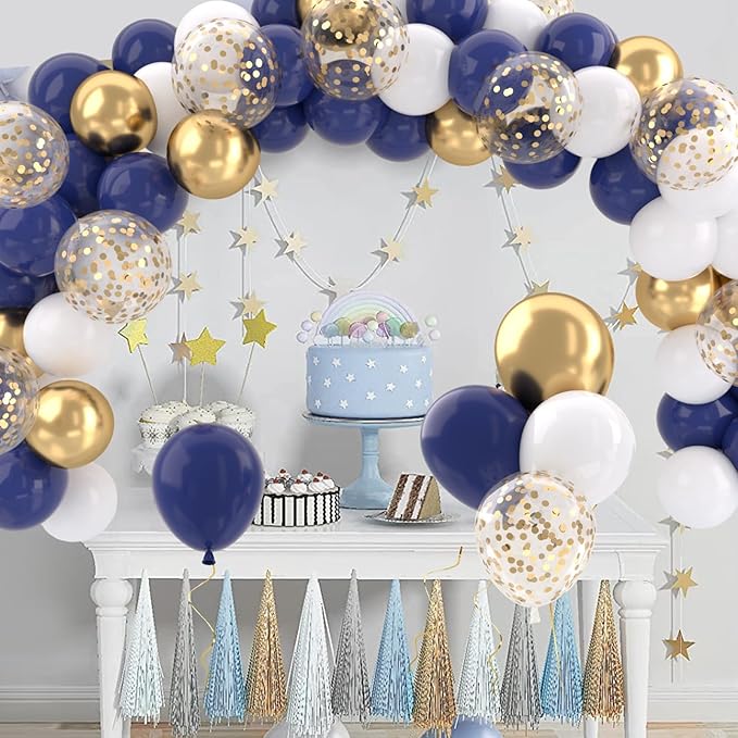 Patimate Navy Blue Gold Balloons Set, 50 pcs 12 inch Metallic Gold Navy Blue White Confetti Latex Balloons Kit for Birthday Baby Shower Graduation Party Decorations