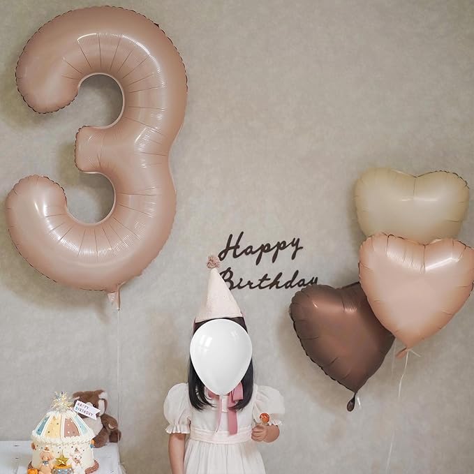 3 Balloon, Number 3 Balloon, 3 Balloon Number 40 Inch, Beige Large Big Foil Number Balloons for Birthday Party Graduation Wedding Anniversary Baby Shower Bachelorette Decoration Supplies