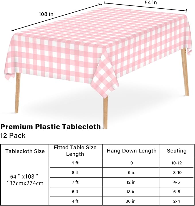 12 Pcs Pink Gingham Tablecloth 54 × 108 Inches Pink and White Checkered Table Cloth Disposable Plastic Waterproof Tablecover for Outdoor Picnic, Birthday Party, Holiday Dinner