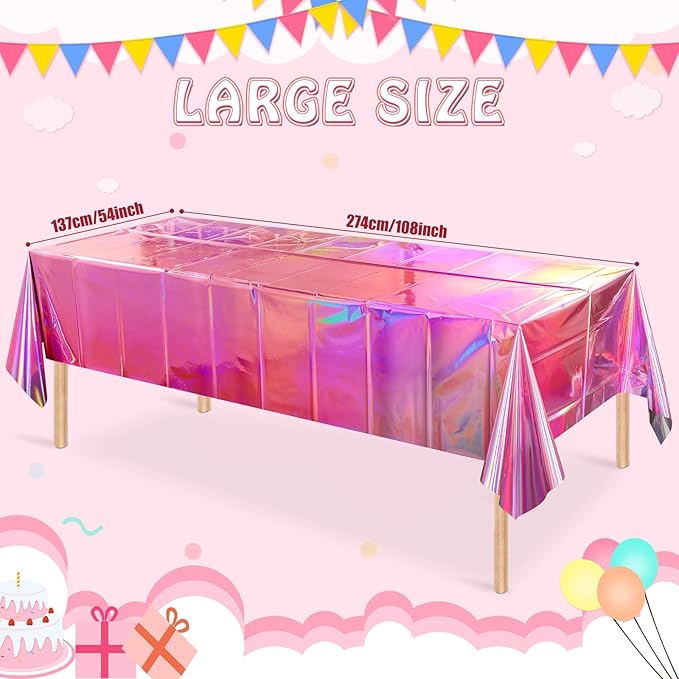 8 Pack Iridescent Pink Plastic Tablecloths, FunnyPars Shiny Disposable Laser Rectangle Table Covers, Holographic Foil Tablecloth Iridescent Party Decorations for Kpop Birthday Wedding Xmas, 54x108Inch