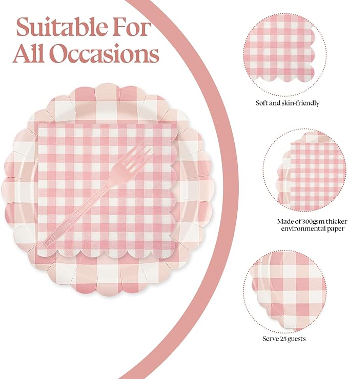 75Pcs Light Pink Gingham Party Supplies - 7Inch Scalloped Paper Plates and Napkins Checkered Plates Disposable Pink and White Plaid Party Decor for Baby Shower Wedding,Serves 25