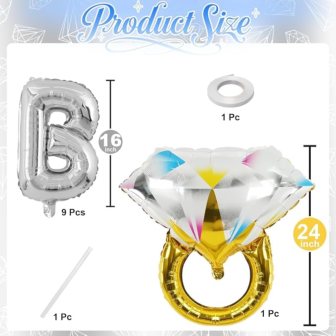 Silver Bachelorette Party Decorations, Bride To Be Bridal Shower Letter Balloons Banner with Engagement Diamond Ring Mylar Foil Balloon for Wedding Photo Booth Hen Night Room Party Decor