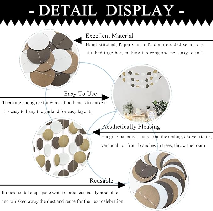 MerryNine Paper Garland 5 Pack, 50ft Glitter Paper Garland Circle Dots Hanging Decor, Banner for Baby Shower, Birthday, Nursery Party Decor (Brown Kraft Beige)