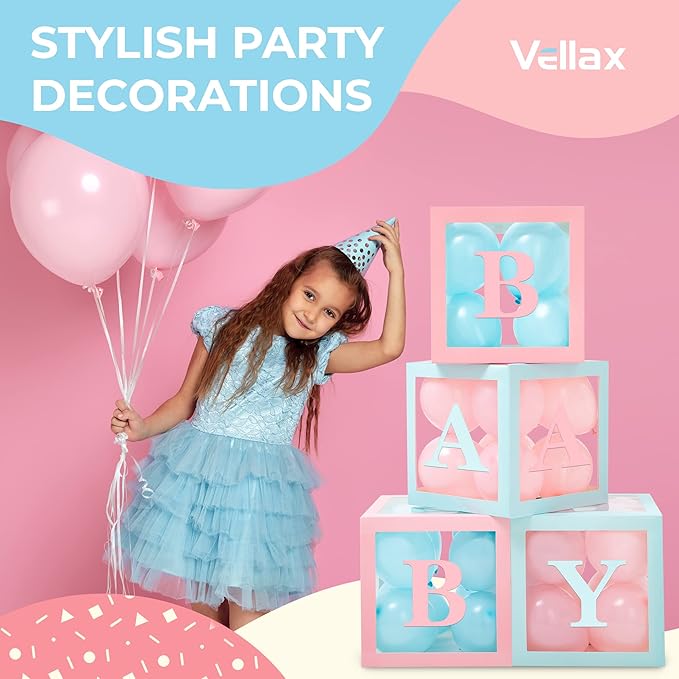Baby Shower Boxes with Letters – Pink And Blue Boxes with Pink & Blue Balloons – 44-Piece Gender Reveal & Party Decoration Set by Vellax