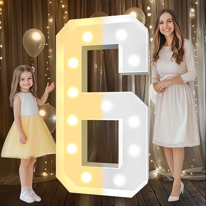 Pooqla 4 FT Light Up Marquee Numbers, Cool White and Warm White LED Large Lighted Marquee Numbers, Giant Mosaic Light Up Numbers for Balloons 6th 16th 60th Birthday Party Decoration, LED Number 6