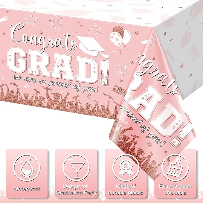 6 Pack Graduation Tablecloth Party Decorations, Class of 2026 Congrats Grad Plastic Tablecover Party Supplies, Pink Rectangle Graduation Table Decorations for College High School Party, 54 x 108 Inch