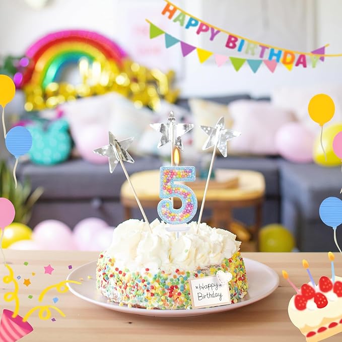 Birthday Candles - Number 5 Candle, Colorful Macaron Candles for Boys/Girls, Blue Cake Decorations, Blue Birthday Decorations