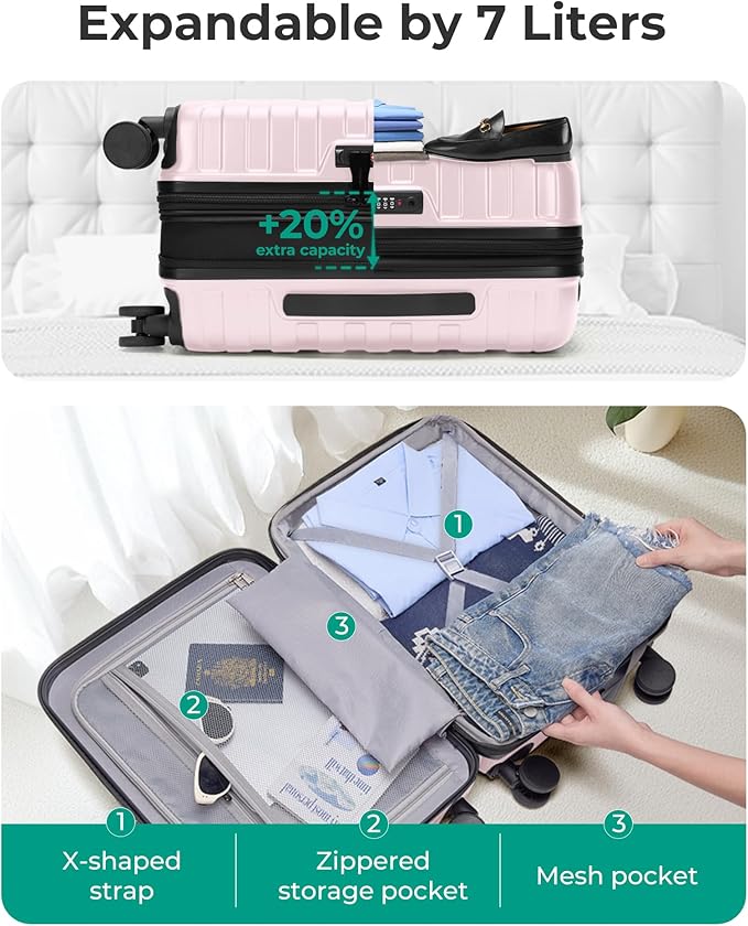 BAGSMART Carry On Luggage 22x14x9 Airline Approved with Spinner Wheels,Lightweight 20 Inch Luggage with TSA Lock,Expandable Hard Shell Carry On Suitcases for Men Women,Pink