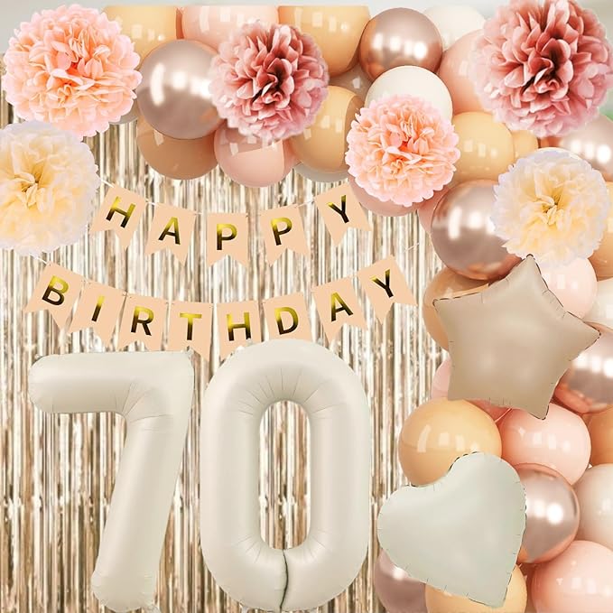 Beige 70th Birthday Decorations for Women Cream Number 70 Balloon Nude Gold Happy Birthday Banner Fringe Curtain Paper Pom Poms Blush White Sand Champagne Star Foil Balloons Neutral Boho Party Decor