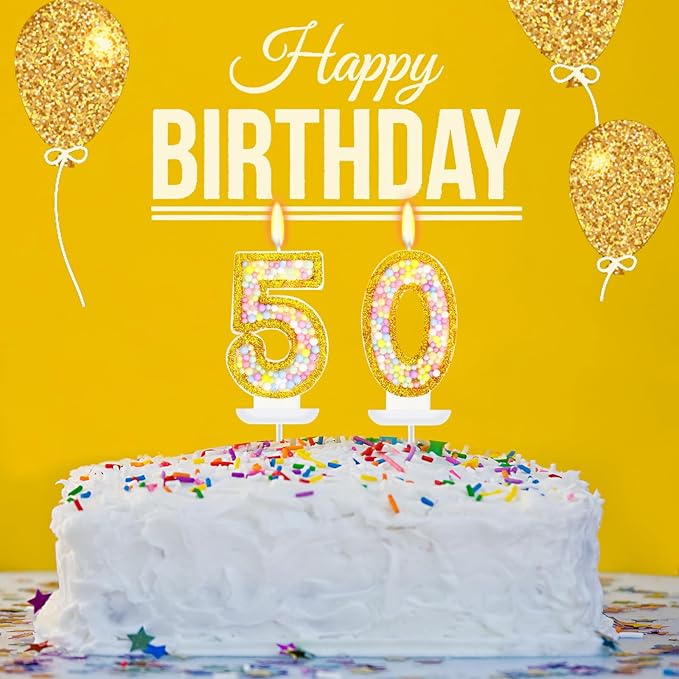 50th Birthday Candle for Women/Men, Golden Macaron Numeral Candles, Birthday Party Cake Decorations, Cake Topper for Birthday Party Supplies (Number 50)