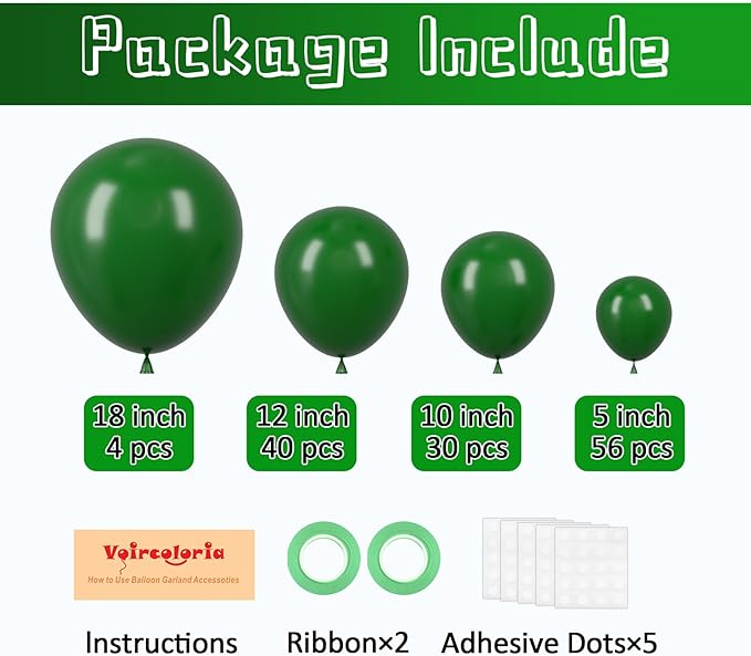 130pcs Dark Green Balloons Different Sizes 18" 12" 10" 5" Hunter Green Balloons for Birthday Dinosaur Baby Shower St. Patrick's Day Summer Jungle Forest Safari Party Decorations