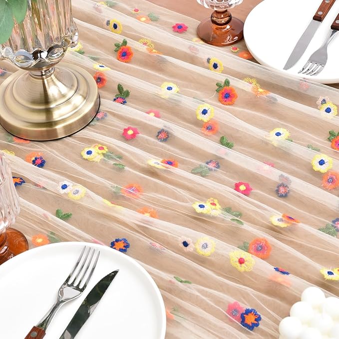 Joanlody 6pcs Champagne Embroidery Daisy Spring Summer Table Runner Florals Seasonal Easter Tulle Table Runner Holiday Kitchen Dining Table Decoration for Home Party Indoor
