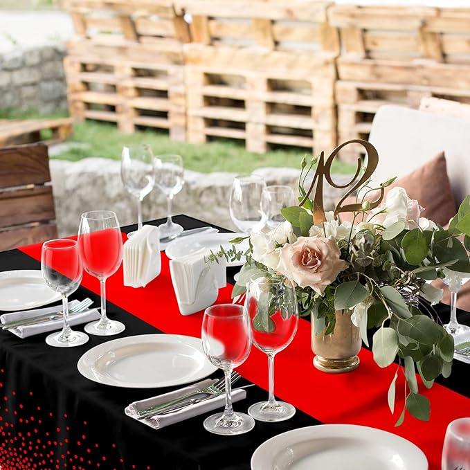 MASHAN 12Pcs Black and Red Tablecloth Party Decorations,Plastic Black Table Cloth Printed Red Table Runner Disposable Rectangle Cover for Birthday Weeding Anniversary Graduation Party,54 x108 Inch