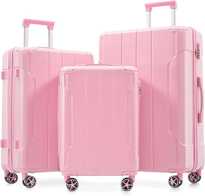 Merax Luggage Sets 3-Piece Hardshell with Spinner Wheels Lightweight Suitcase with Corner Guards (Pale Pink, 20/24/28)