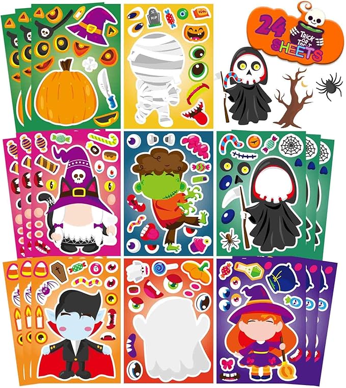 24 PCS Halloween Make-a-face Stickers for Kids Make Your Own Stickers Halloween Party Favors Trick or Treat Party Game Crafts Activities