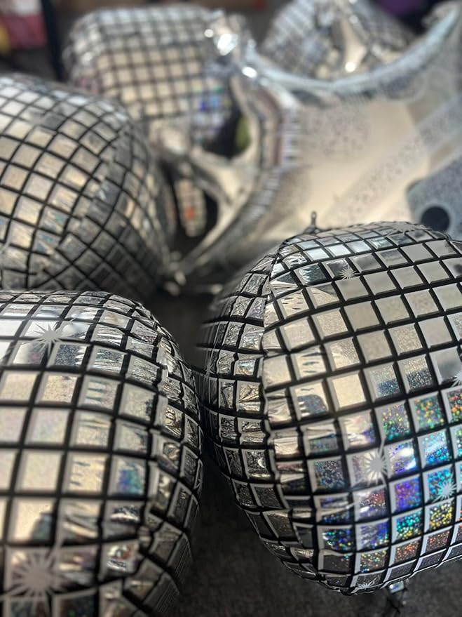 Holographic Mirror Disco Ball Set, 18-Inch Glass Tiles, Party Decoration with Silver Crown Balloon