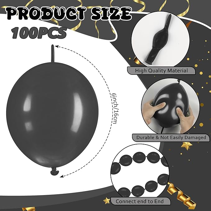 Link Balloons 6 Inch - 100 Pcs Quick Link Balloon Latex Linking Balloons Connected Linkable Balloon Birthday Wedding Party Decorations(Black)