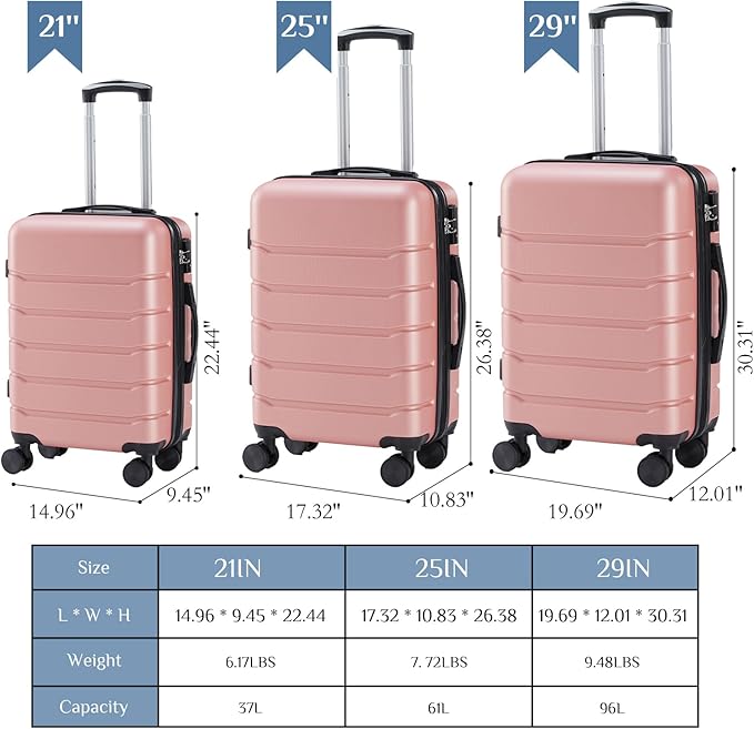 NEWBULIG 3-PCS Set Suitcases Spinner Wheels Lightweight Expandable Travel Hard Shell Luggage with TSA Lock, Pink