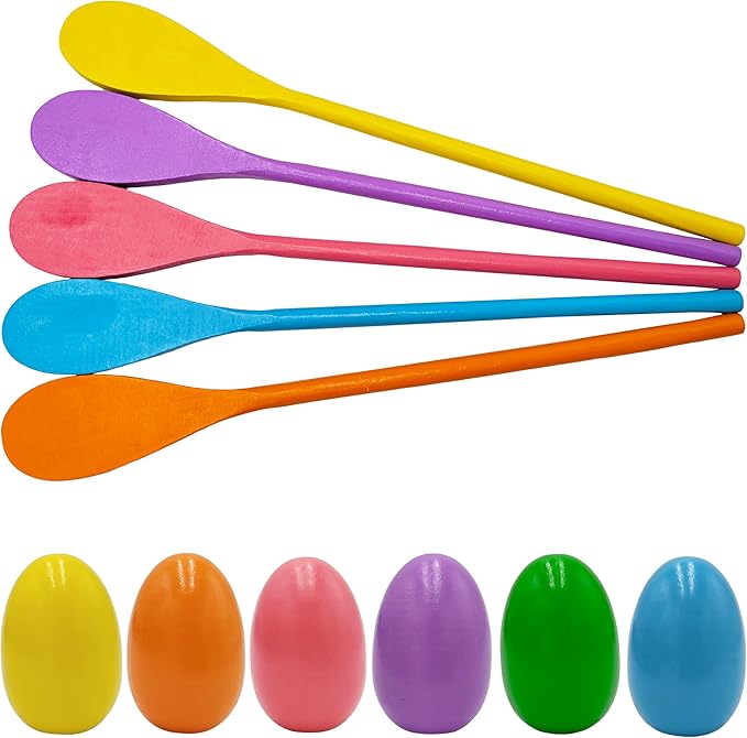 24 Wooden Easter Eggs and 24 Wooden Spoon Race Game Set, 24 Sets, Multi-Player Carnival Game for Kids & Family Activity Holiday Outdoor Yard Easter Egg Hunt Birthday Party Lawn Games