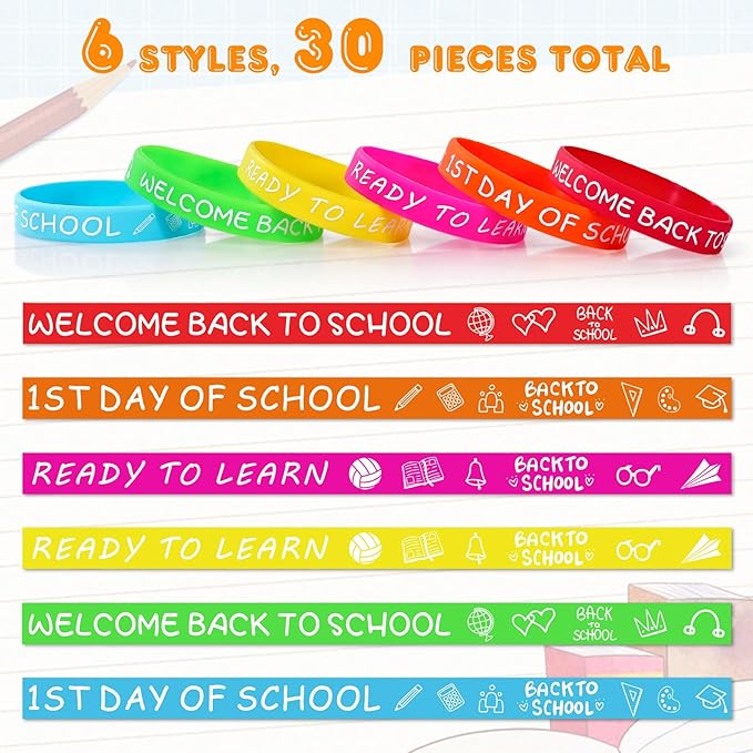 Welcome Back to School Rubber Bracelets 30 PCS First Day of School Bracelet Gifts Silicone Wristbands for Students Kids Party Favors Supplies Decorations Classroom Prizes Rewards Goodie Bags Stuffers