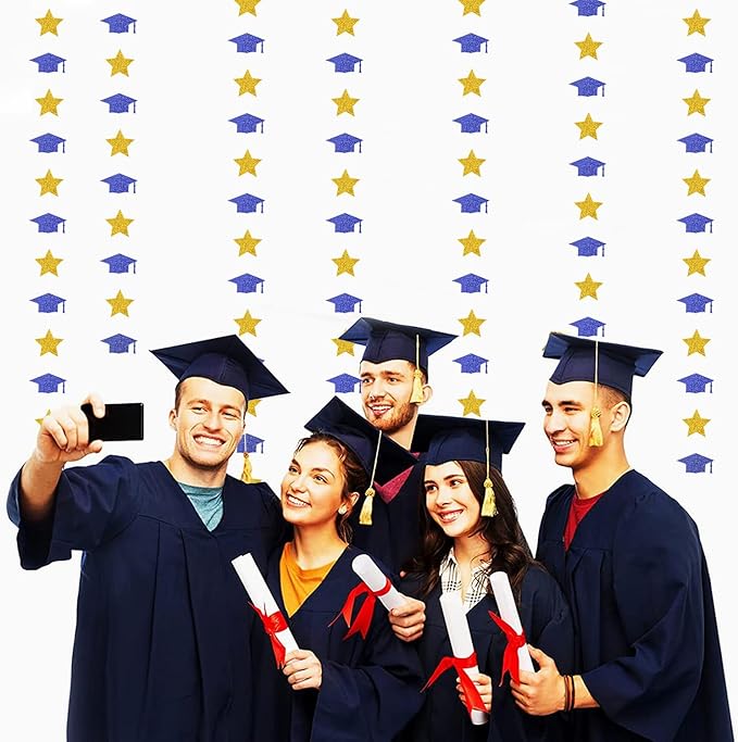 Navy-Blue Gold Graduation-2026 Class Party-Decorations - Congrats Grad Hat Star Banner Streamers Garland,Senior High School Night College Congratulations Decor Supplies Ouruola