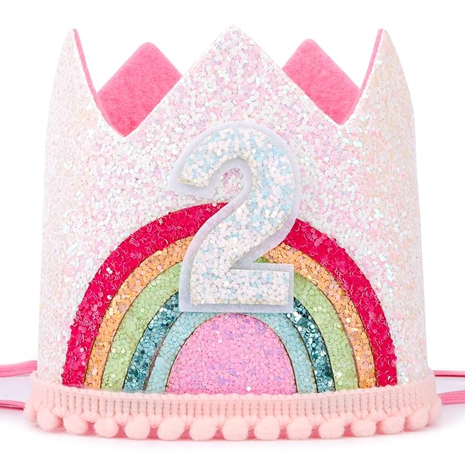 2nd Birthday Crown Princess Tiara, Rainbow Hat Headband - Birthday Gift Decorations and Accessories for Two Year Old Girl's Party