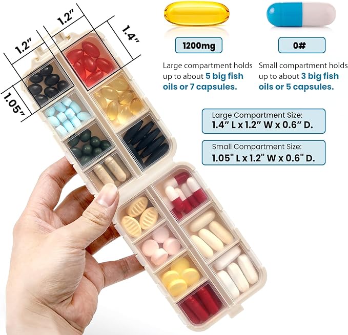 14 GRIDS Travel Pill Organizer Box with Labels - Travel Medicine Case Kit - Pocket Daily Pharmacy Container - Travel Medication Holder Dispenser for Fish Oil Vitamin Supplement Storage - Khaki