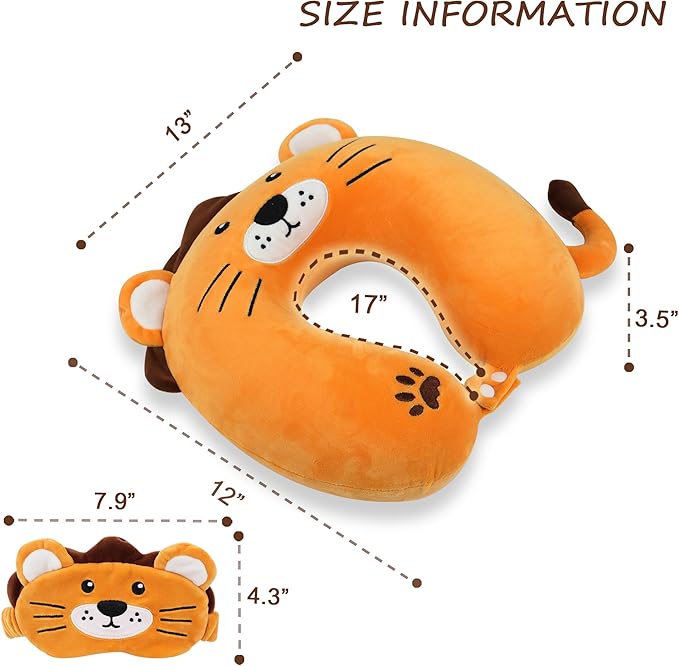 Sexysamba Cartoon Headrest & Neck Pillow for Kids Boys & Girls, Teens, Travel Accessories for Airplane, Car, Recline, Memory Foam Cute Travel Pillow with Sleep Eye Mask - Lion