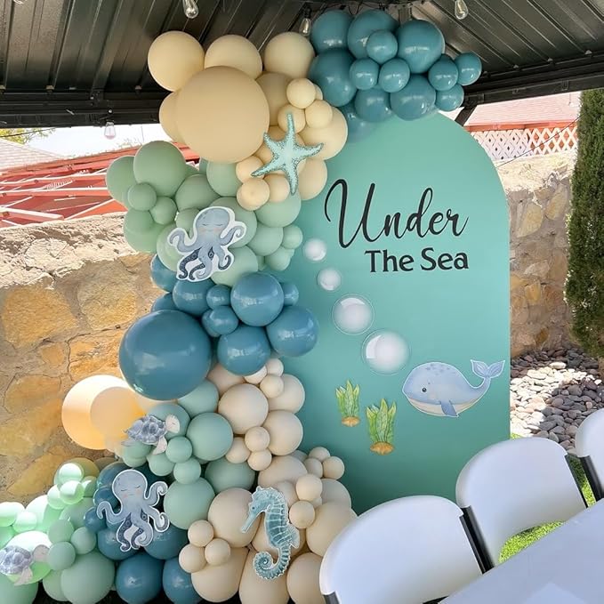 Under The Sea Balloons, 35PCS Dusty Slate Blue and Green Balloons, Baby Light Green Sand White Latex Balloon for Kids Boys Under The Sea Ocean Themed Baby Shower Birthday Party Decorations Supplies