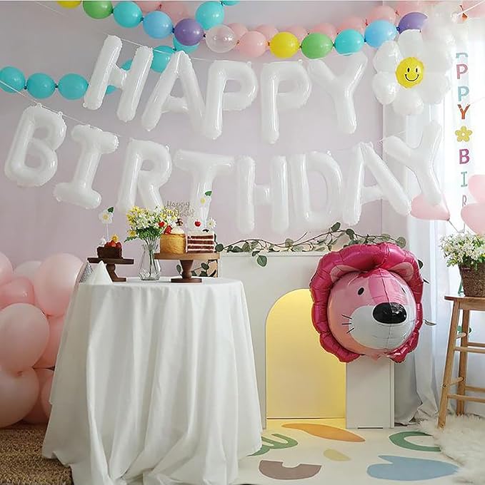 KALOR White Happy Birthday Balloons Banner, 16 Inch Mylar Foil Letters Balloon Sign for Birthday Party Decorations Photo Booth Backdrop
