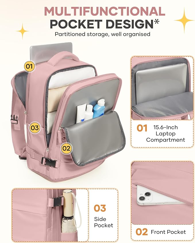 coofay Personal Item Travel Backpack for Women Airline Approved Carry on Backpack Flight Approved Waterproof Sports Luggage Backpack Casual Daypack Small Hiking Backpack Pink Backpack
