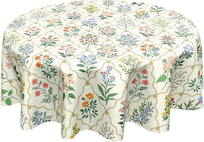 Spring Floral Round Tablecloth Wildflower Circle Table Cloth 70 Inch Beige Vintage Rustic Farmhouse Table Cover Washable Polyester Indoor for Home Kitchen Dinning Party Decor
