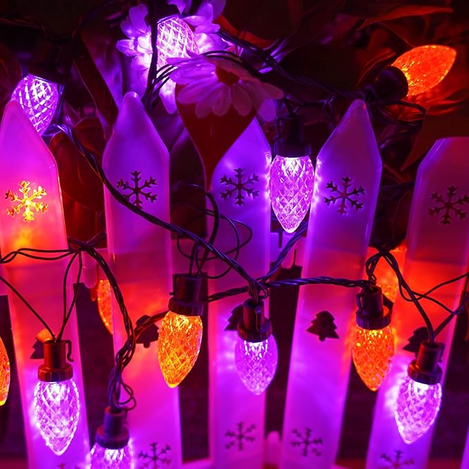 KAQ 2PK 100LED Orange and Purple C9 Halloween Lights Waterproof Indoor Outdoor, Extendable 98FT String Lights Plug in with 13 Lighting Modes, Halloween Decorations for Party Patio, Outside Yard Decor