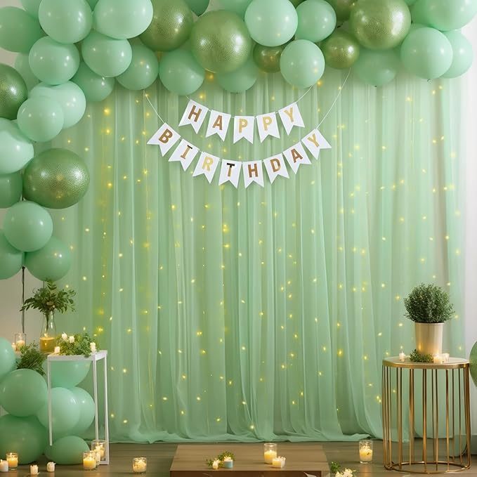 10×10ft Green Tulle Backdrop Curtain with Lights String for Parties, Sheer Photo Curtain Backdrop Drapes for Wedding Party Photography Backgrounds