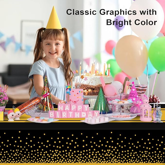 4 Pack Black and Gold Tablecloth Party Decorations Plastic Black Tablecloth Printed Gold Table Runner 54 x108 Inch Disposable Rectangle Table Cover for Birthday Wedding Graduation Anniversary