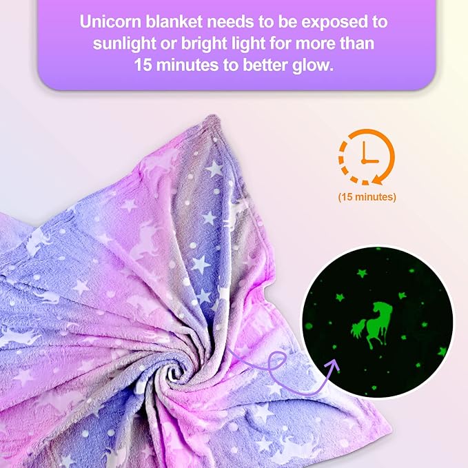 TEHALK Unicorn Glow in The Dark Blanket, Unicorn Blanket for Girls/Kids, Unicorns Gifts for Girls Age 3-12, Toddler Blanket for Kids, Soft Fleece Blanket Throw Birthday Gift 40"x60"
