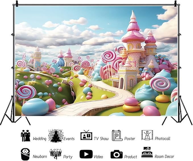 5x3ft Candyland Backdrop Fantasy Sweet Candy Castle Cream Photography Background Candyland Theme Boys Girls Birthday Party Decorations Banner Photo Studio Props
