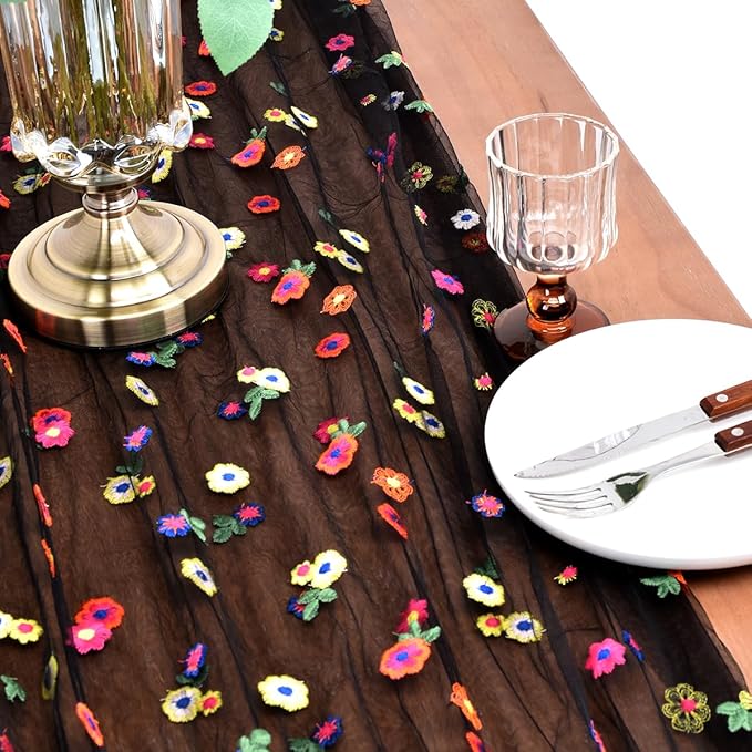 Joanlody 3pcs Black Embroidery Daisy Spring Summer Table Runner 10ft Florals Seasonal Easter Tulle Table Runner Holiday Kitchen Dining Table Decoration for Home Party Indoor