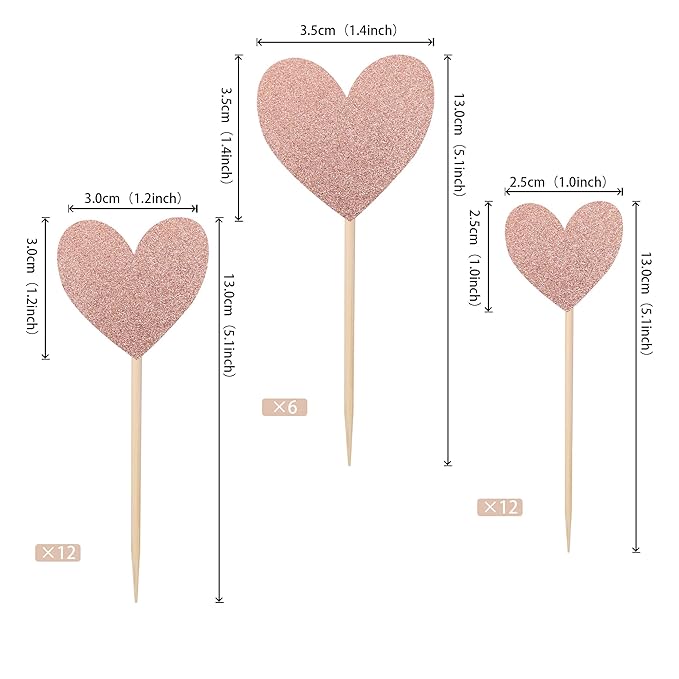 30 PCS Love Heart Cupcake Toppers Glitter Mixed Size Wedding Engagement Cupcake Picks Decorations for Wedding Anniversary Bridal Shower Birthday Valentine's Day Party Supplies Rose Gold