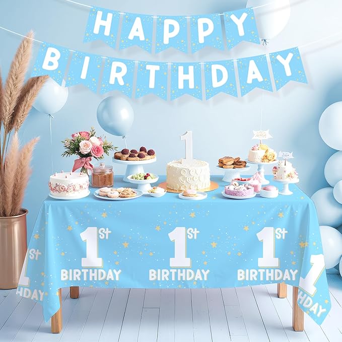 Gatherfun Baby Blue Party Supplies Set: 1st Birthday Decorations, Includes 2-Pack Baby Boy -Themed Tablecloths for First Birthday Decorations, Disposable Table Covers 54 x 108 Inch