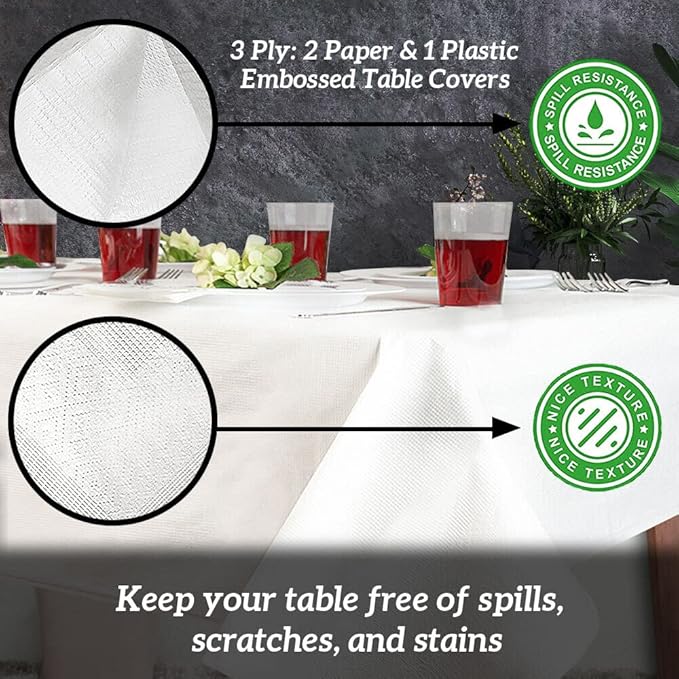 PARTY BARGAINS Disposable Table Covers, 54 x 108 Inch, White, 3-Ply Paper & Plastic Spill-Resistant Party Tablecloths, 1 Pack