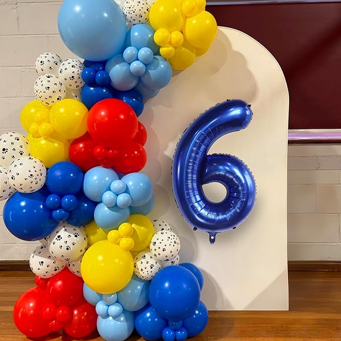4th Birthday Decorations Boy, Dog Paw Fourth Birthday Balloons Arch with Red Blue Yellow Latex Balloons and Long Balloon Number 4 and Star Foil Balloon for Paw Party Supplies