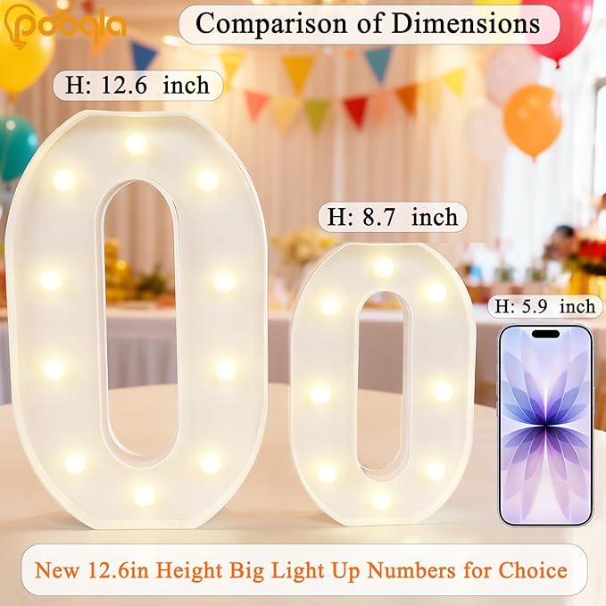 Pooqla Large Light Up Numbers for 8th Birthday Decorations, 12.6 in Tall White Plastic Marquee Numbers Sign Party Decorations, Gift for Girls Boys Night Light Wedding Anniversary Decor, Big Number 8