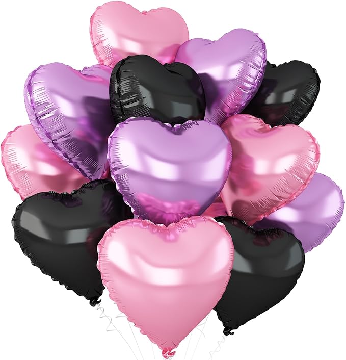 Pink Purple Heart Balloons,12Pcs Black Pink Heart Shaped Foil Balloons,18Inch Purple Pink Helium Polyester Film Balloon for Baby Shower Birthday Anniversary Wedding Party Decorations