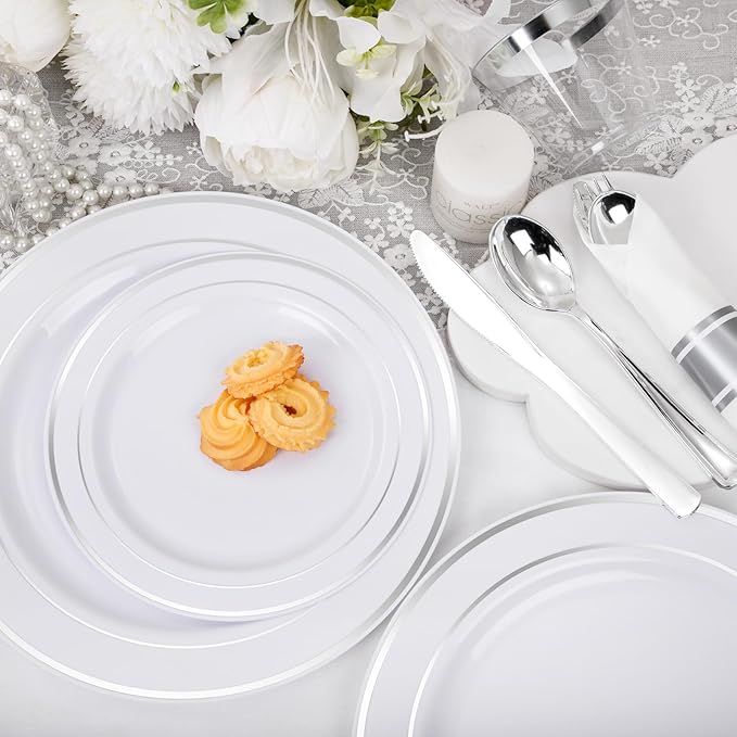 WELLIFE 210 Piece Silver Plastic Dinnerware Set for 30 Guests, Plastic Plates for Party, Include: 30 Dinner Plates, 30 Dessert Plates, 30 Pre Rolled Napkins with Silver Silverware and 30 Silver Cups