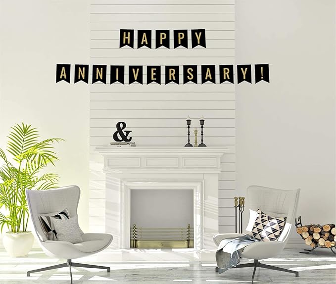 Andaz Press Faux Gold Glitter on Black Wedding Anniversary Party Banner Decorations, Happy Anniversary!, Approx 5-Feet, 1-Set, Birthday Milestone Colored Hanging Pennant Decor
