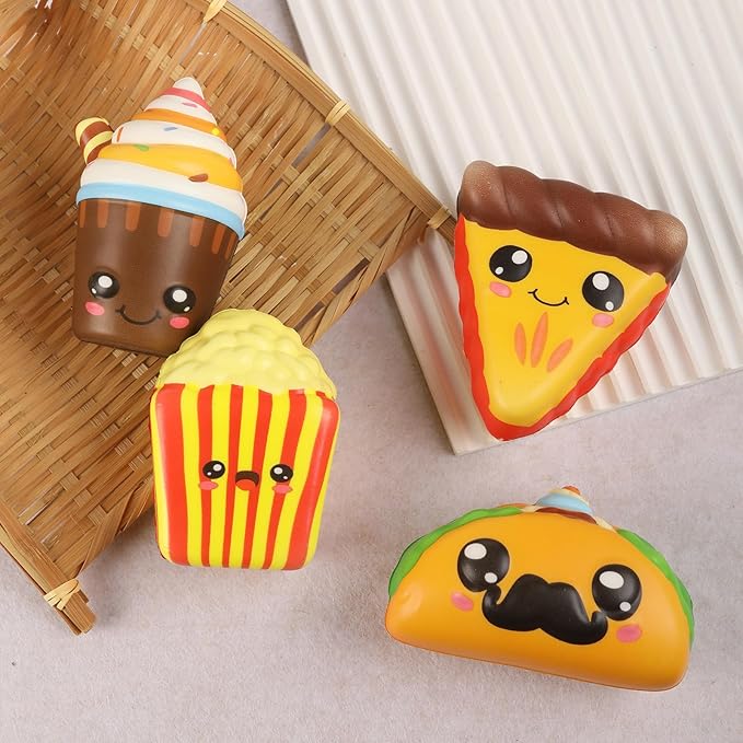 4 Pcs Slow Rising Food Toys for Kids, Kawaii Foam Squishy Toys in Taco Hamburger Coffee Cup Pizza Stress Relief Squeeze Toy for Holiday Carnival Goodie Bag Stuffers