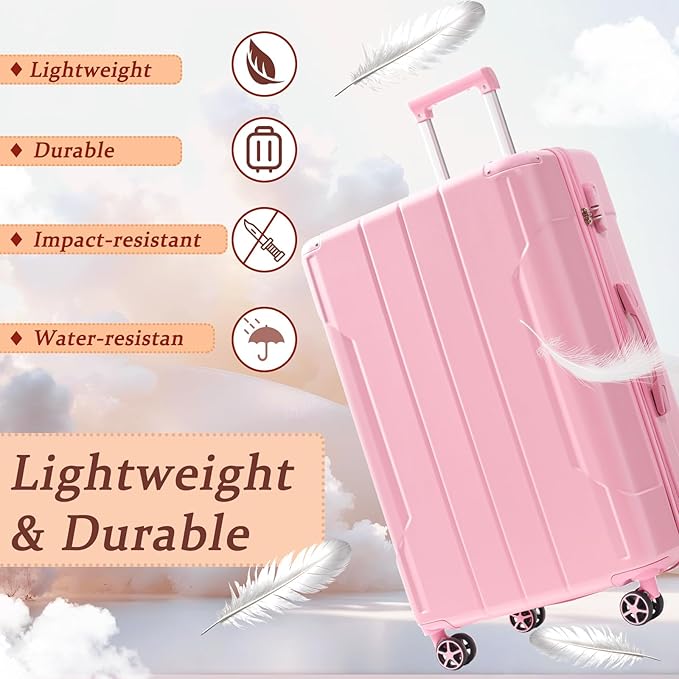Merax Luggage Sets 3-Piece Hardshell with Spinner Wheels Lightweight Suitcase with Corner Guards (Pale Pink, 20/24/28)