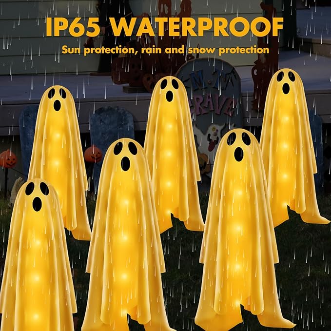 6PACKS Halloween Decorations Outdoor Solar Ghost Lights,Scary Ghost Decor with Spooky Party Gifts,Solar Halloween Path Lights for Front Porch/Yard/Garden/Home/Ghost Party Decor Warm White