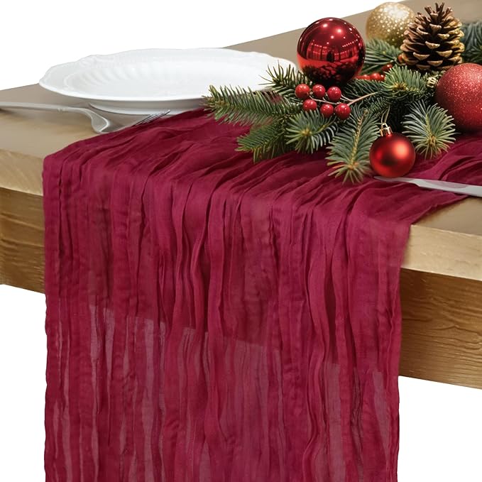 Christmas Table Runner, 10FT Burgundy Table Runner 35*120inch Boho Dark Red Table Runners for Burgundy Christmas Decorations Party Supplies Christmas Table Centerpiece Decorations